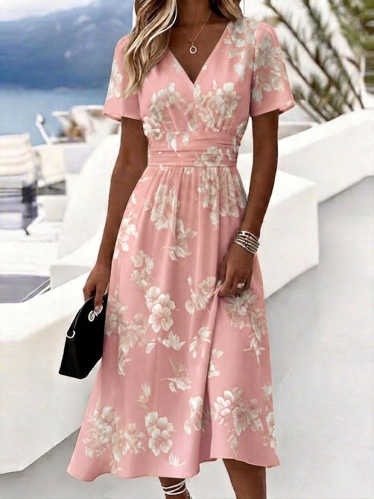 Women’s Light Blue Floral Print Wrap V Neck Midi Dress Boho Summer Dress