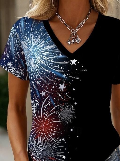 Cotton Casual Gradient Pattern V Neck T-Shirt