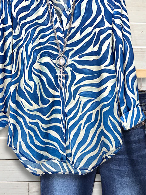 Women's Long Sleeve Shirt Spring/Fall Blue Abstract Buckle Shirt Collar Regular Sleeve Daily Going Out Casual Top