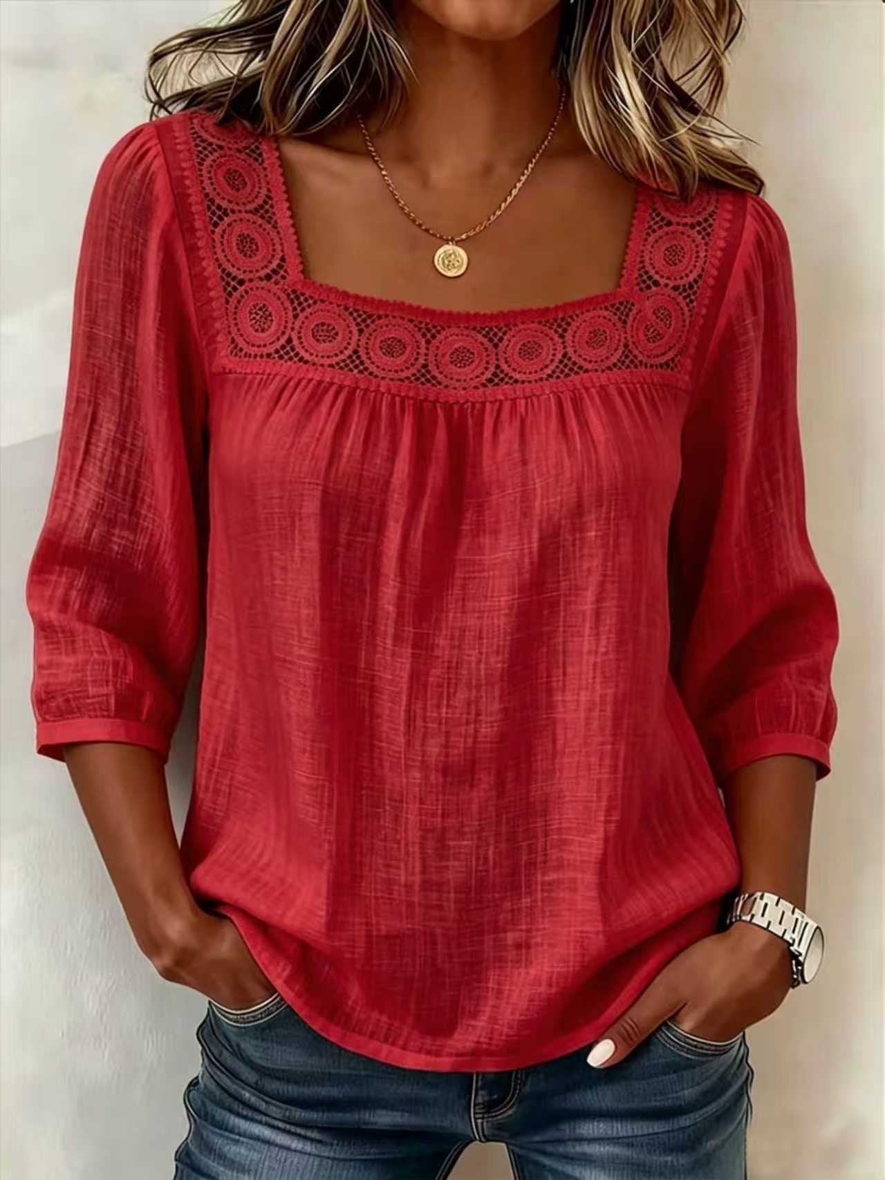 Linen Blend Square Neck Loose Elegant Blouse