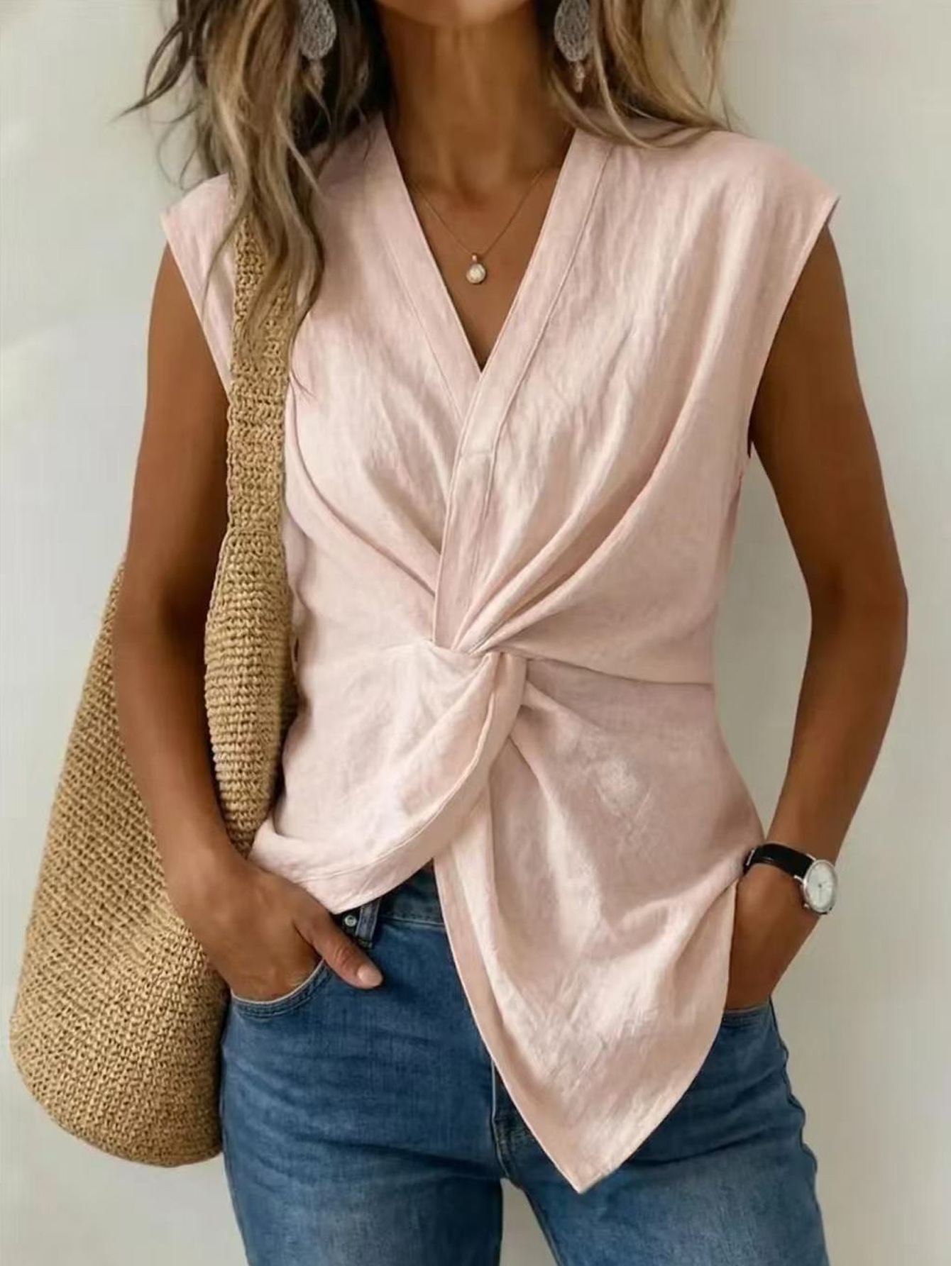 Cotton Blend Sleeveless V Neck Knot Detail Summer Daily Going Out Casual Plain Top
