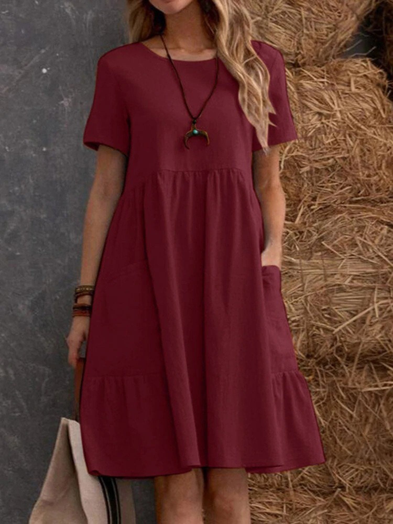Casual Plain Crew Neck Midi Dress