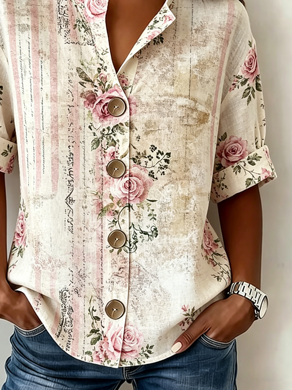Women's Cream Rose Print Blouse Short Sleeve Button Down Casual Top