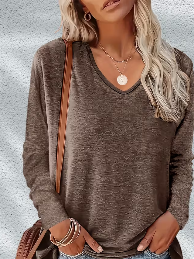 Women's Long Sleeve T-shirt Spring/Fall Brown Plain Printing Jersey V Neck Daily Going Out Casual Top