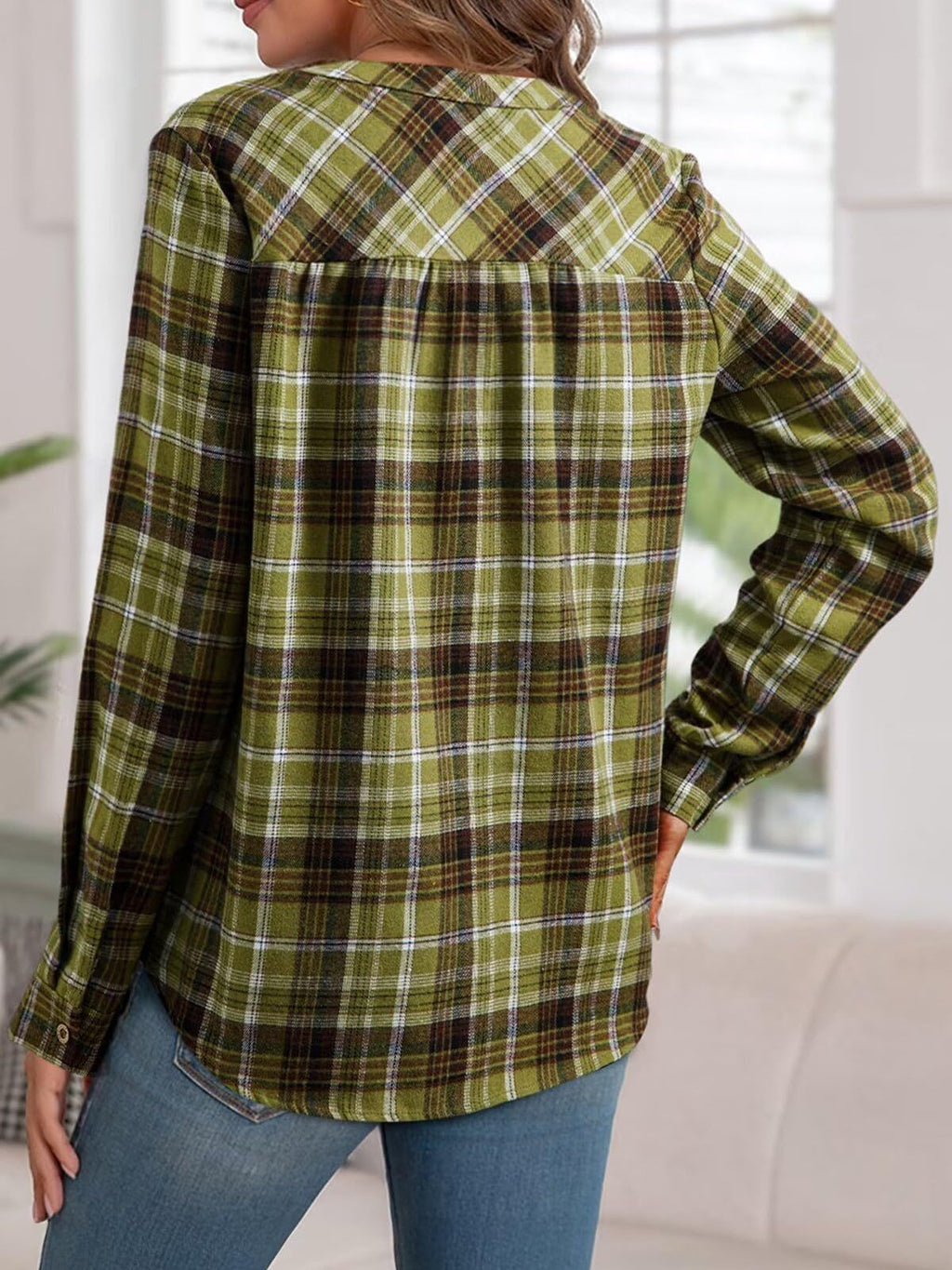 Women's Long Sleeve Shirt Spring/Fall Blue Plaid Split Joint V Neck Daily Going Out Casual Top