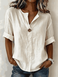 Solid White Henley Neck Button Front Short Sleeve Blouse