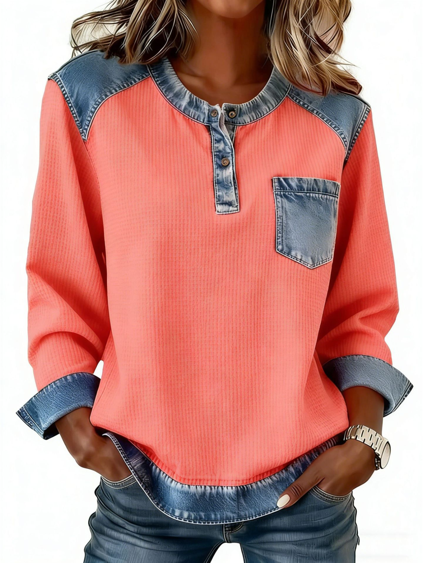 Denim Color Block Crew Neck Half Placket Long Sleeve Patch Pocket Casual Blouse