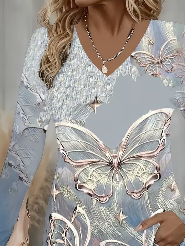 Women's Long Sleeve T-shirt Spring/Fall As Picture Butterfly Printing Jersey V Neck Daily Going Out Casual Top