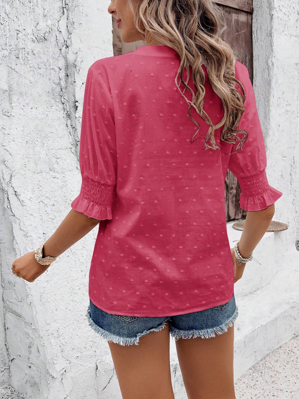 Embroidery Patterns V Neck Puff Short Sleeve Casual Blouse