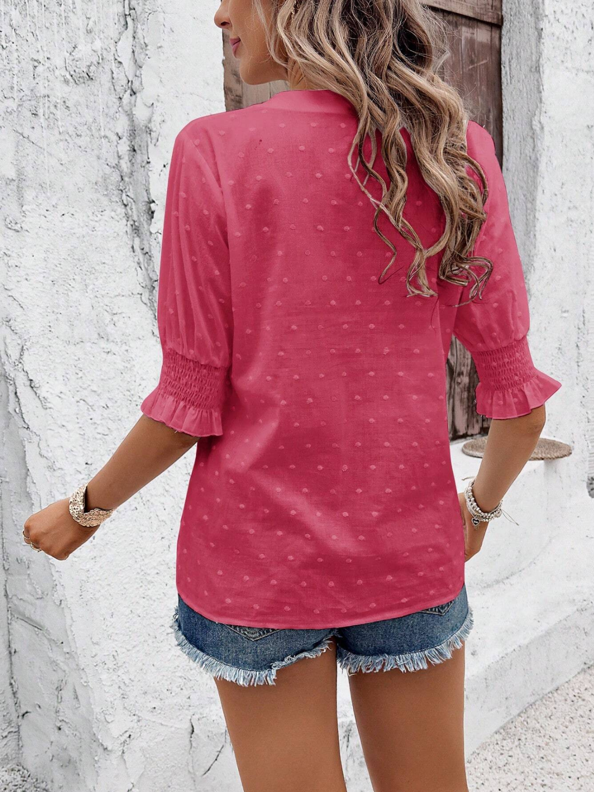 Embroidery Patterns V Neck Puff Short Sleeve Casual Blouse