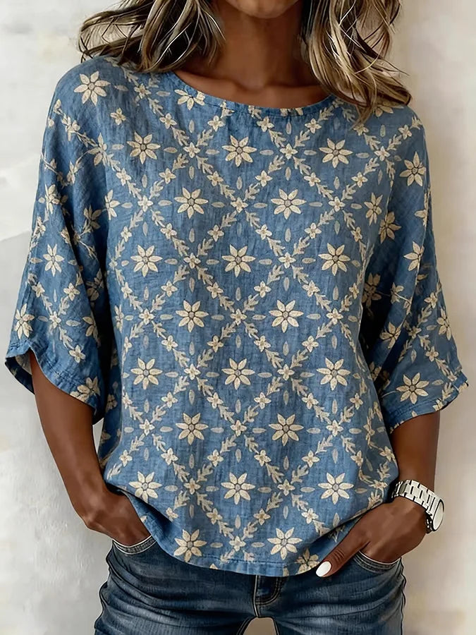 Women's Half Sleeve Blouse Summer Blue Floral Printing Crew Neck Daily Going Out Vintage Top