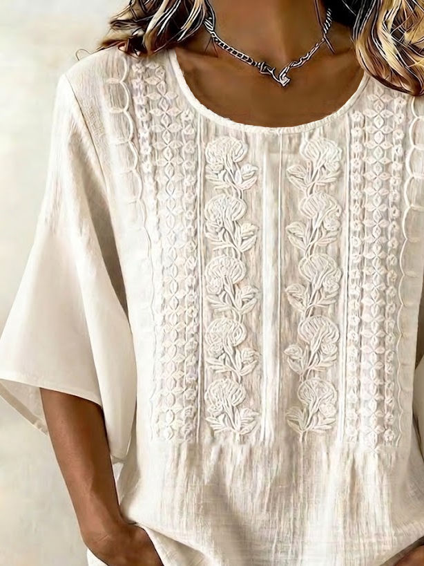Women's Half Sleeve Blouse Summer White Floral Printing Crew Neck Daily Going Out Vintage Top
