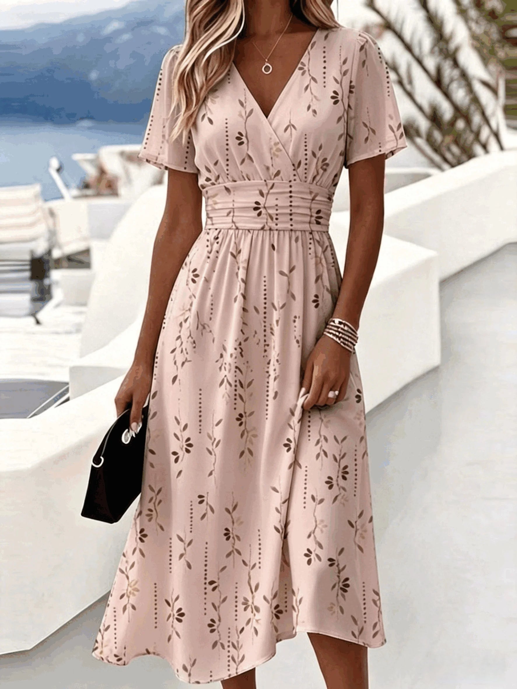 V Neck Elegant Regular Fit Leaf Dress With No