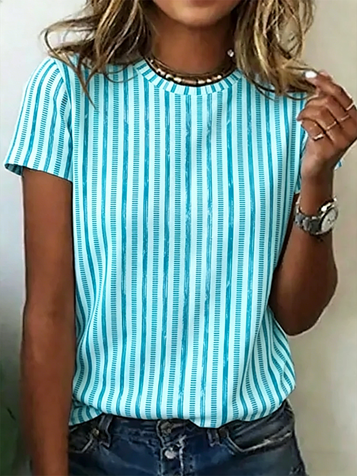 Brushstroke Stripe Print Crew Neck Short Sleeve Casual T-Shirt