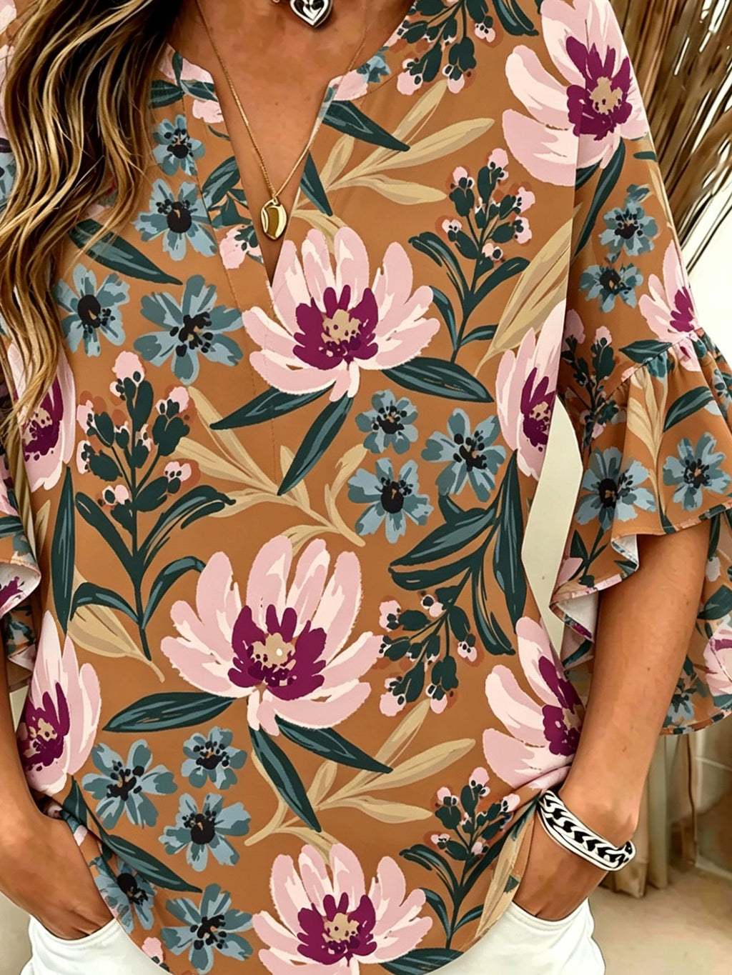 Vintage V Neck Half Sleeve Ruffle Cuff Blue Retro Floral Pattern Casual Loose Blouse