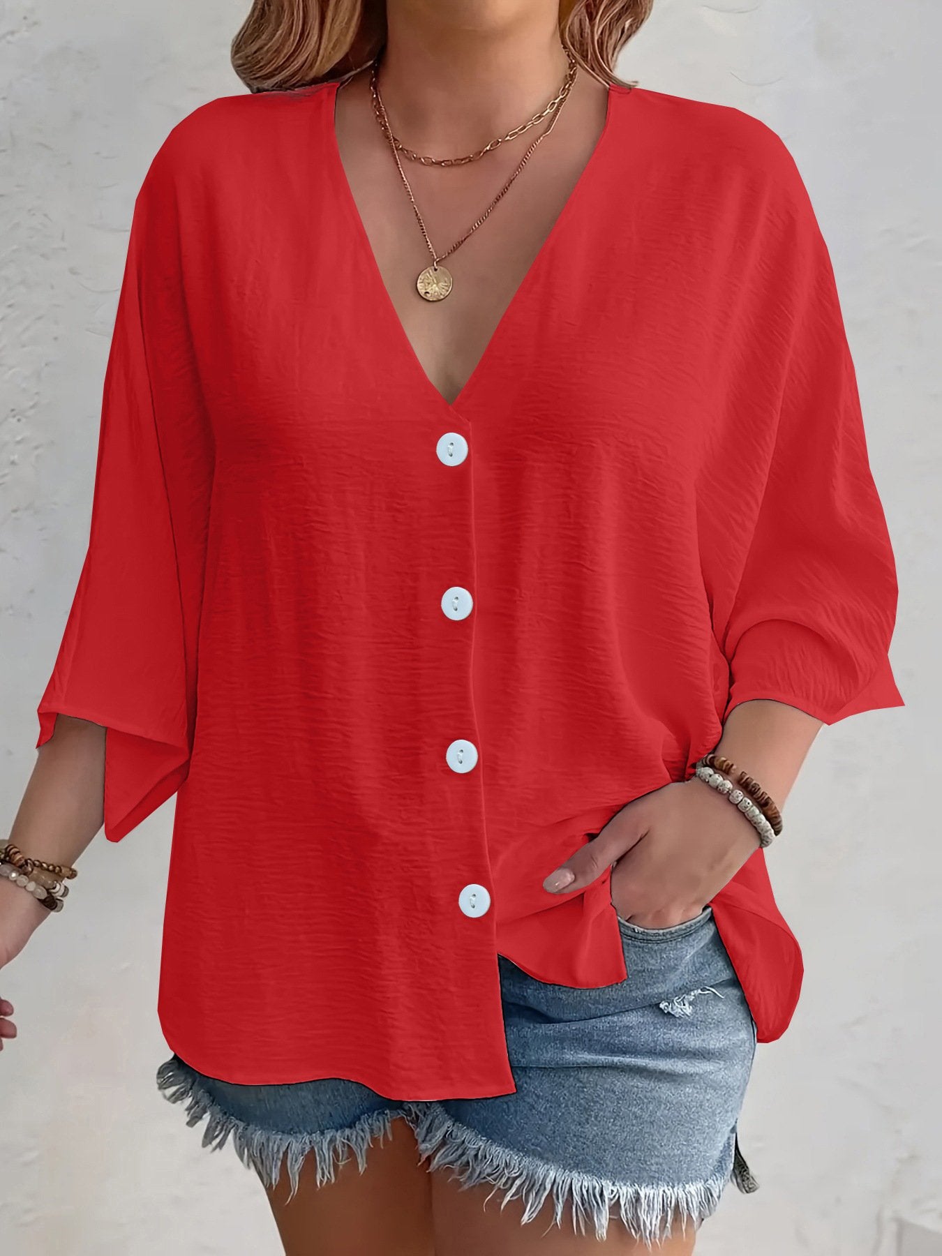 Women's Three Quarter Sleeve Shirt Spring/Fall Apricot Plain Buckle V Neck Daily Going Out Casual Cardigan