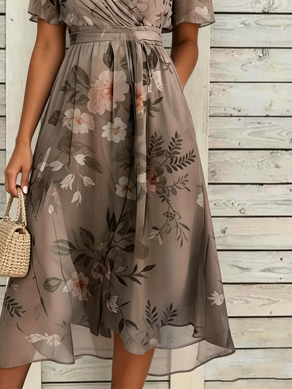 Regular Fit V Neck Floral Elegant Dress With No