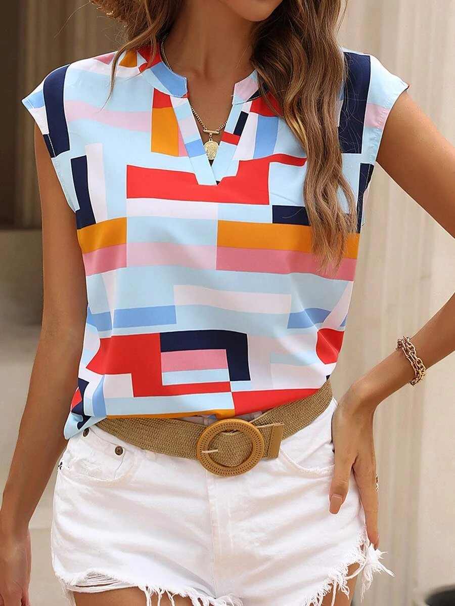 Geometric V Neck Sleeveless Loose Casual Blouse