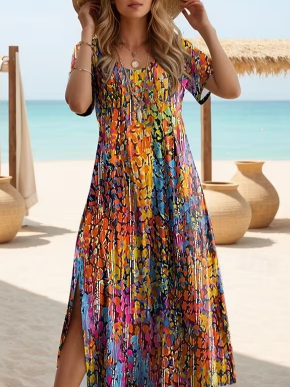 Women's Short Sleeve Summer As Picture Abstract Printing Crew Neck Daily Going Out Casual Maxi H-Line T-Shirt Dress Dress