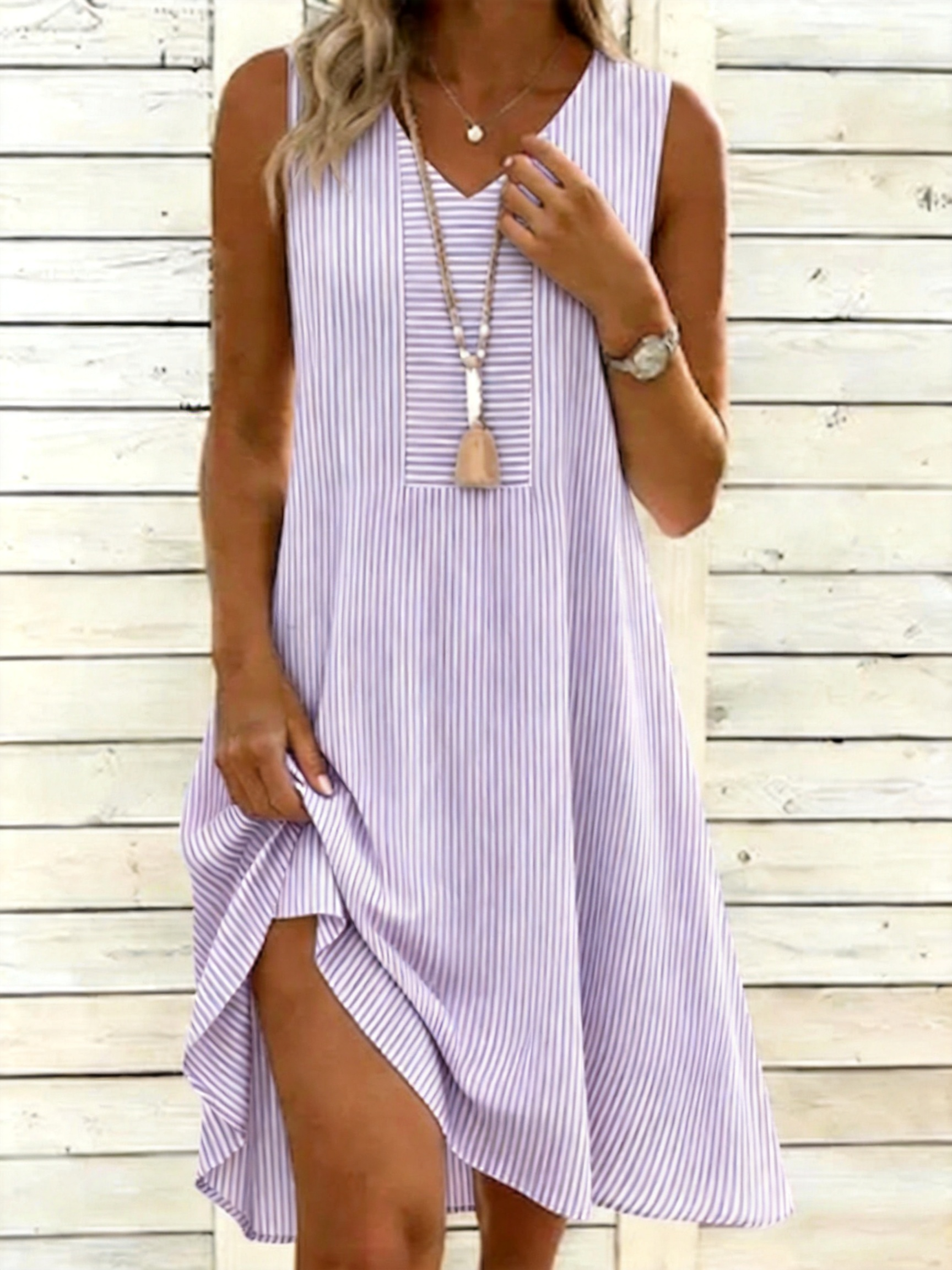 Blue White Striped Sleeveless V-Neck Swing Dress Casual Summer Loose Dress