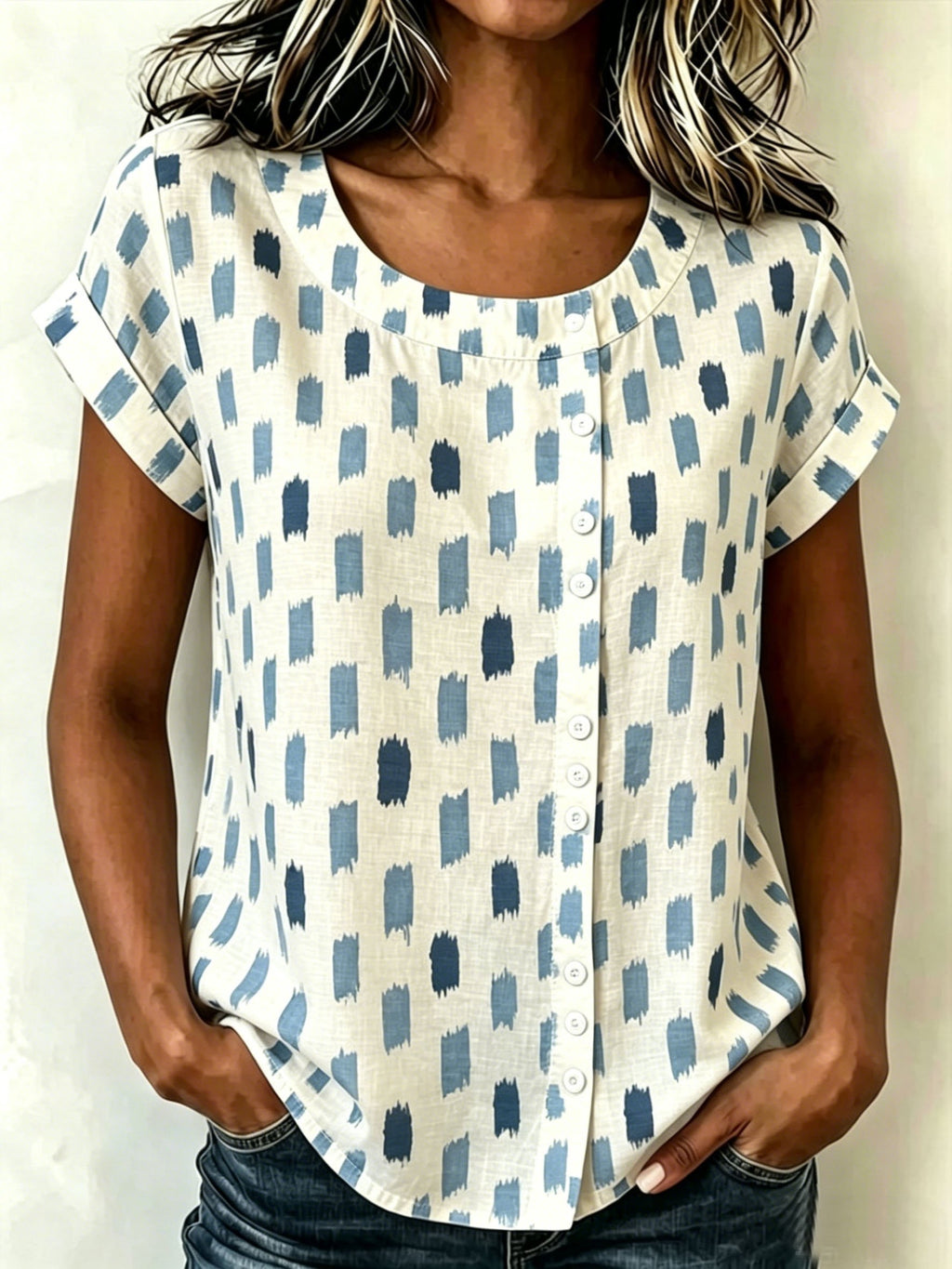 Abstract Graphic Print Casual Linen Blend Crew Neck Short Sleeve Button Loose Casual Top