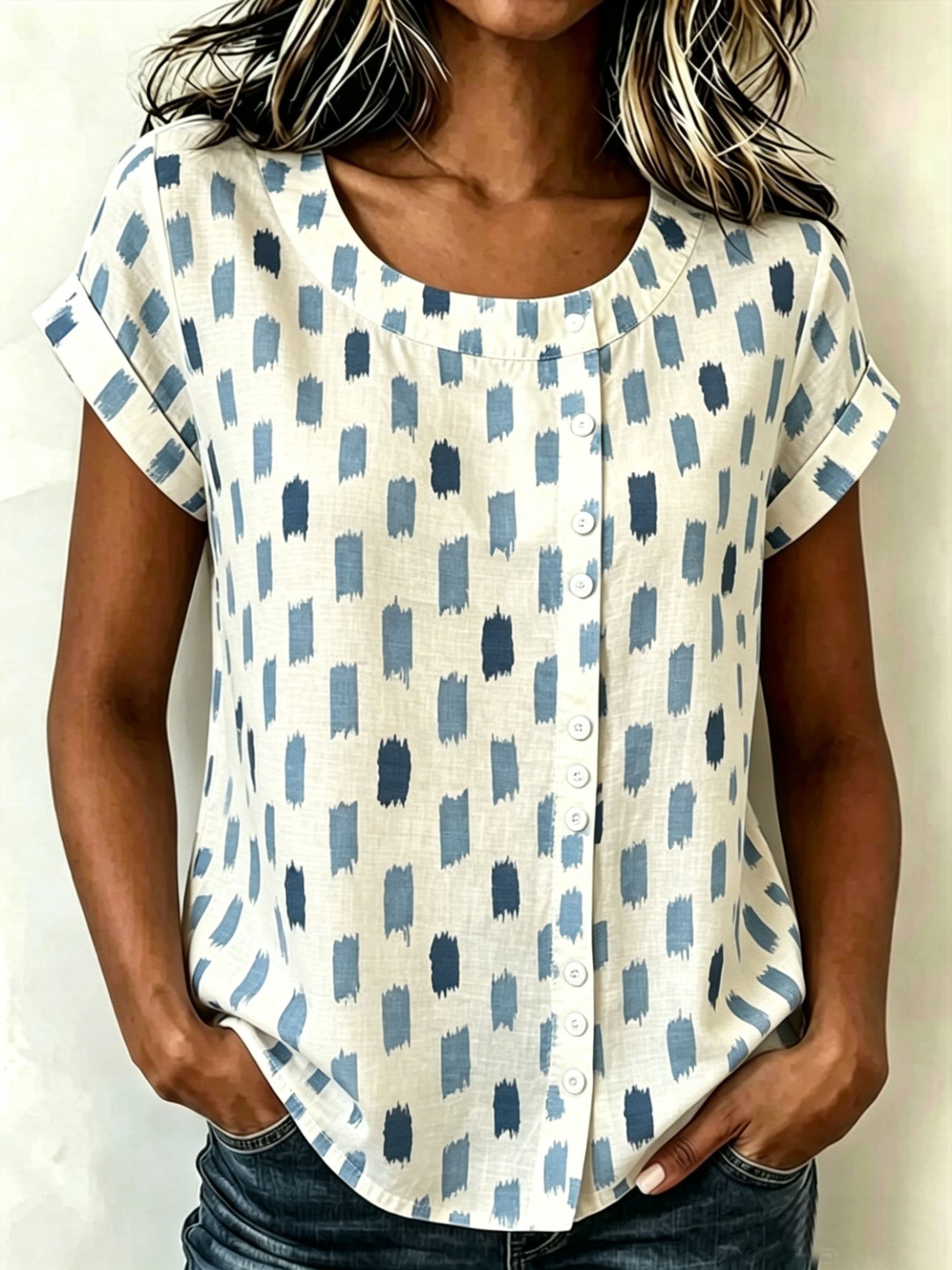 Abstract Graphic Print Casual Linen Blend Crew Neck Short Sleeve Button Loose Casual Top
