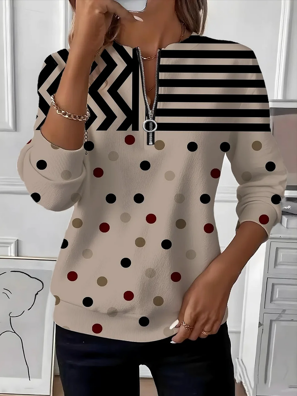 Women's Abstract Print Casual Zipper Long Sleeve Sweatshirt
