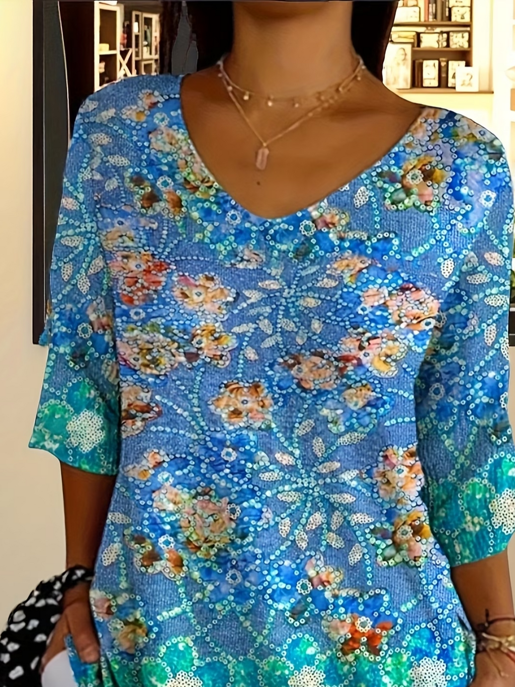 Women's Three Quarter Sleeve T-shirt Spring/Fall Blue Floral Printing V Neck Daily Going Out Casual Top