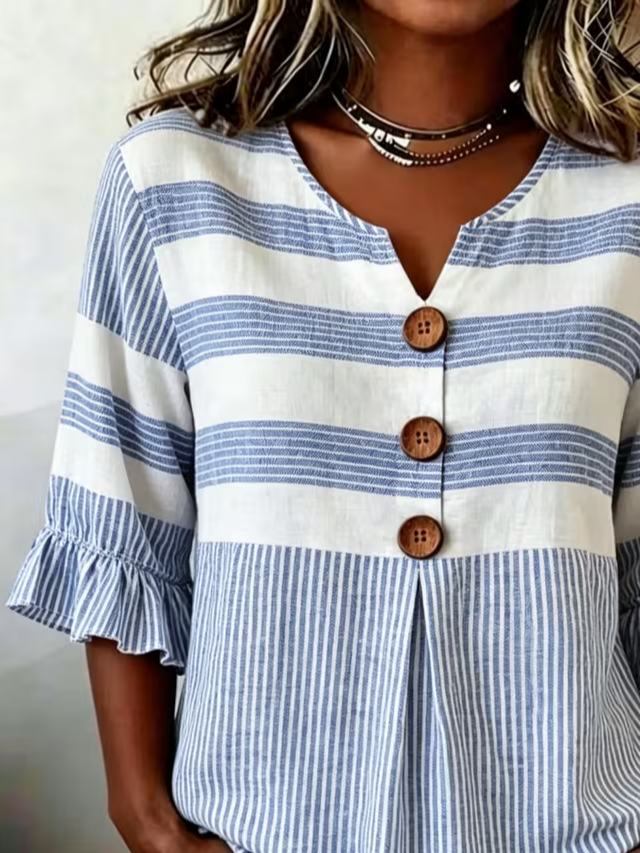 Women's Half Sleeve Blouse Summer Blue Striped Printing V Neck Daily Going Out Vintage Top