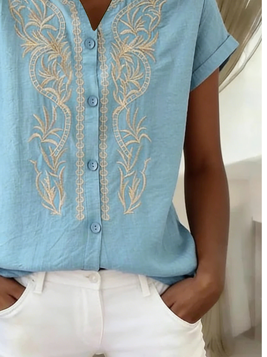 Women's V-Neck Button-Down Printed Short-Sleeve Shirt