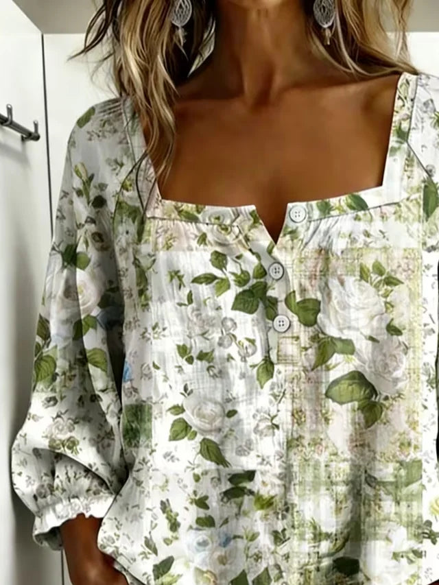Women's Three Quarter Sleeve Blouse Spring/Fall White Floral Printing Square Neck Daily Going Out Vintage Top