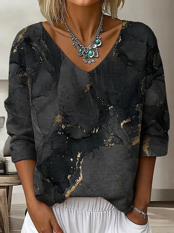 Loose V Neck Casual Chevron T-Shirt