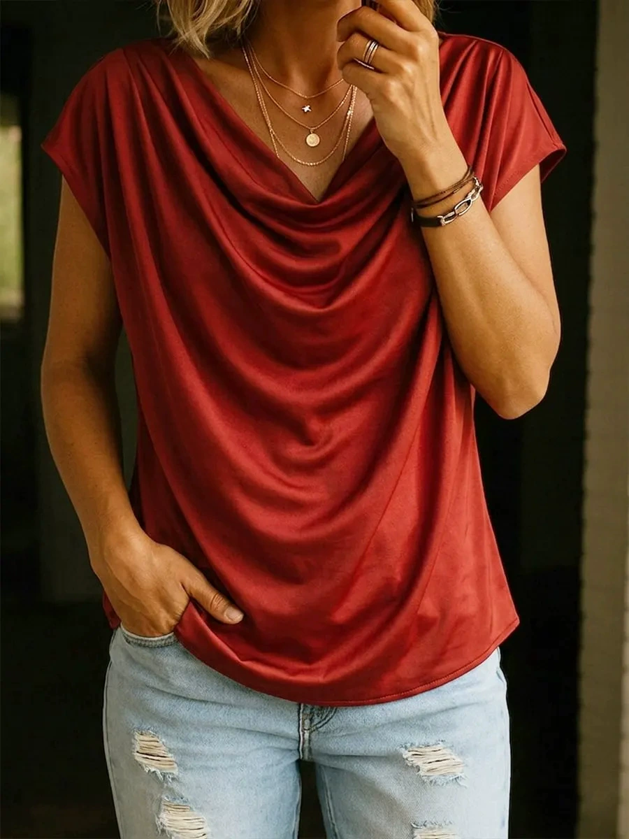Jersey Casual Plain V Neck Sleeveless Summer Elegant Cowl Neck Top