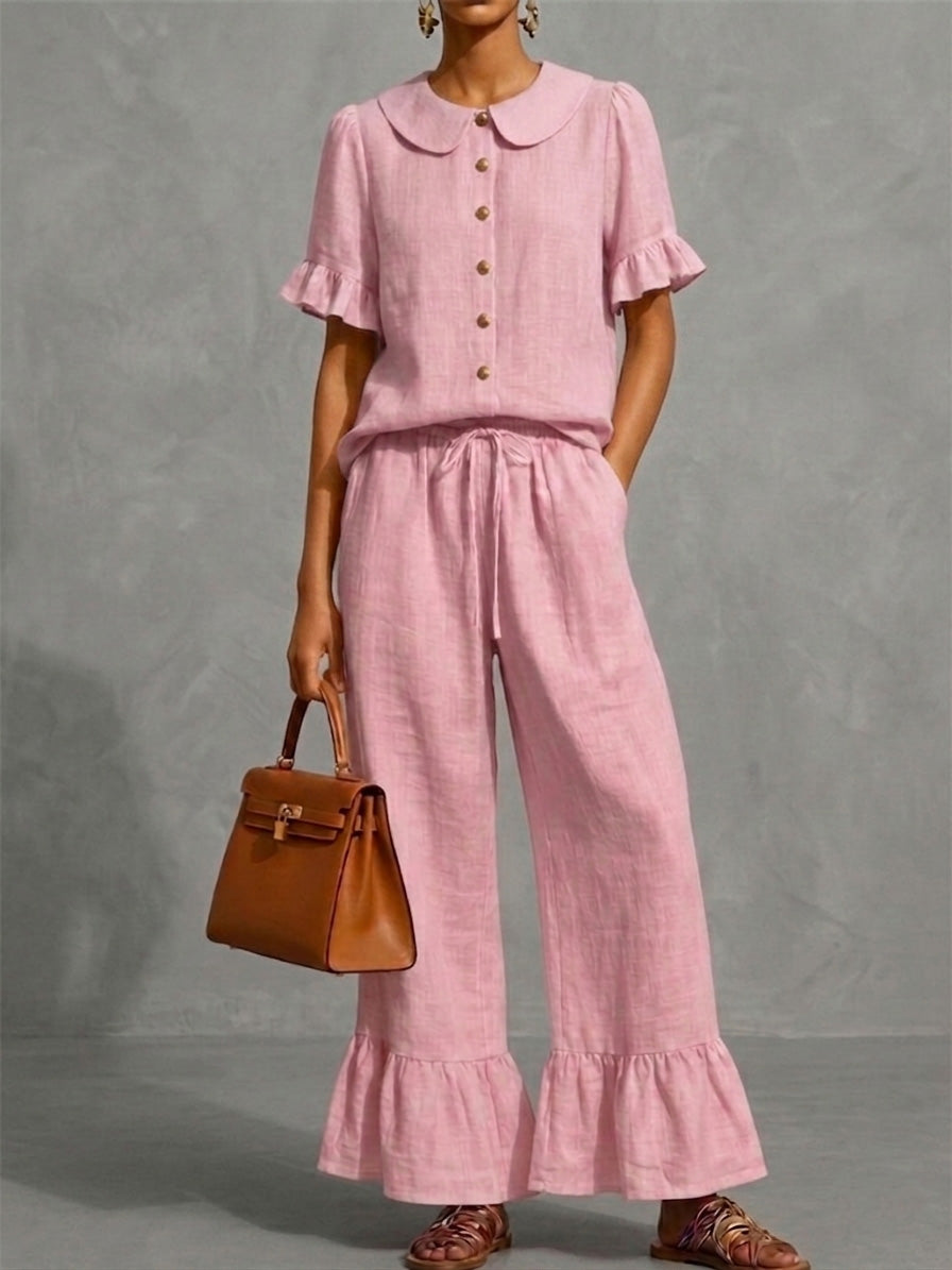 Today 49% off🔥Stylish Ruffled Shirt And Wide-leg Pant Linen Two-piece Set