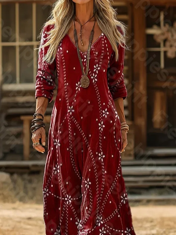 Women's Long Sleeve Spring/Fall Red Abstract Printing V Neck Daily Going Out Vintage Maxi H-Line Dress