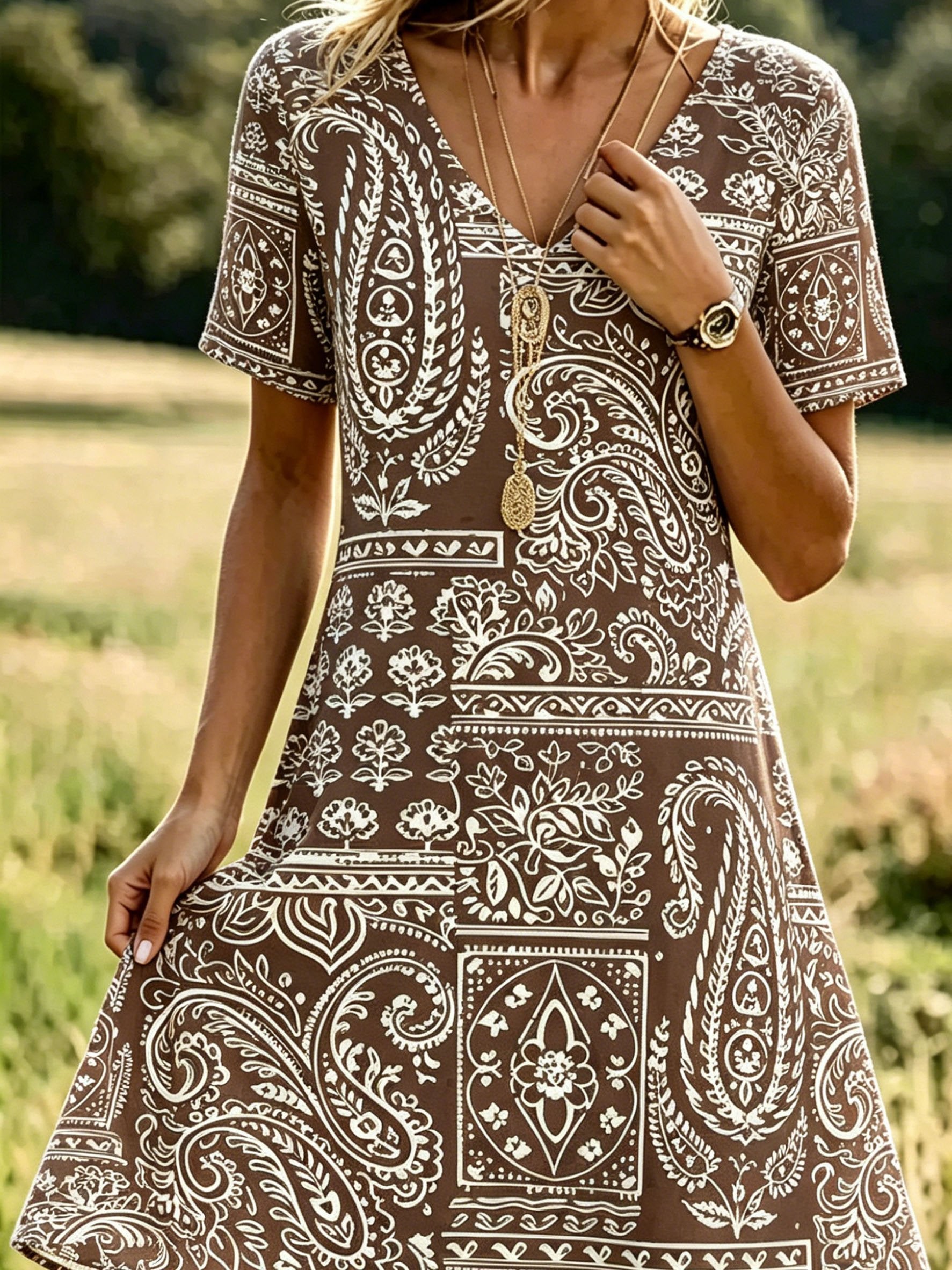 Women's Vintage Paisley Cashew Floral V-Neck Short-Sleeve Casual Dress