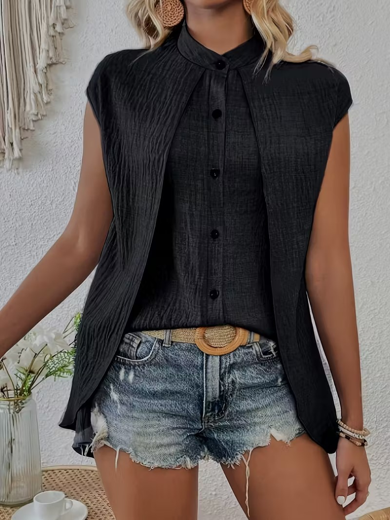 Plain Elegant Fake 2in 1 Stand Collar Short Sleeve Button Casual Shirt