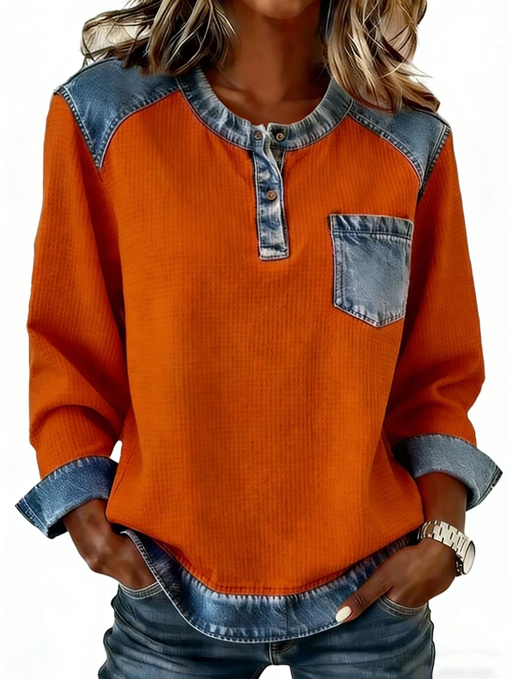 Denim Color Block Crew Neck Half Placket Long Sleeve Patch Pocket Casual Blouse