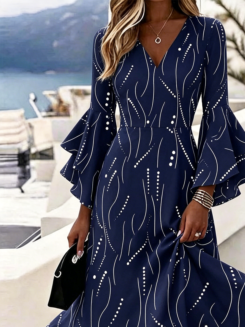 Striped Bell Sleeve V Neck Elegant Dress With No