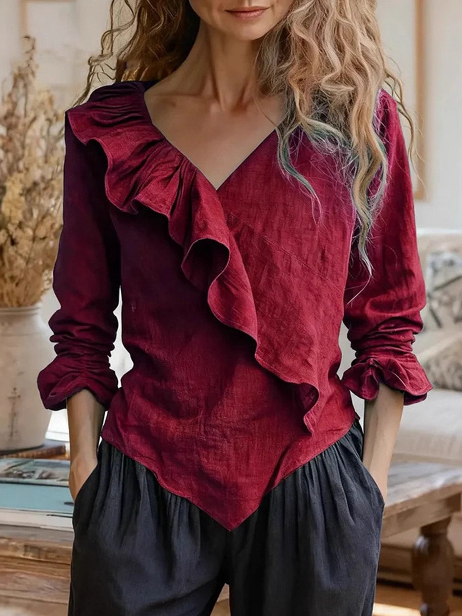 Casual Plain Peplum V Neck Blouse
