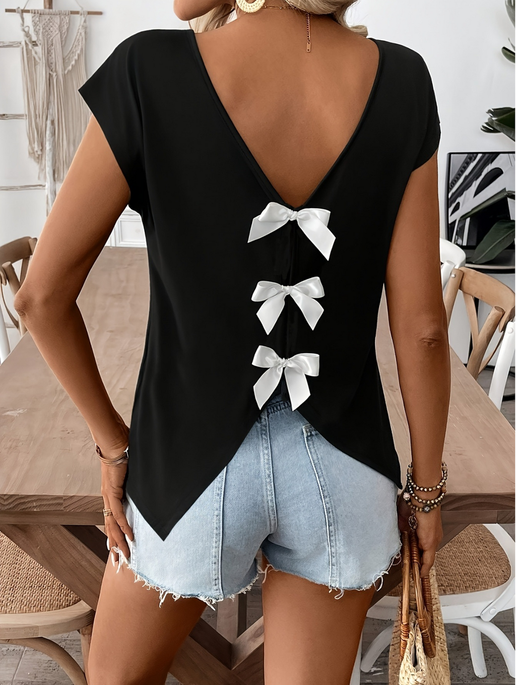 Jersey Plain Bow Color Block V Neck Elegant Vacation Casual T-Shirt