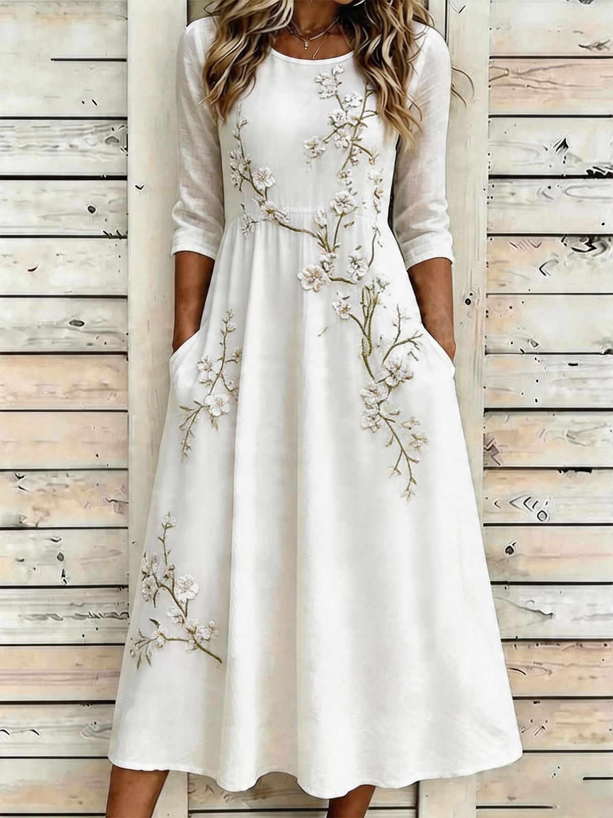 Green Floral Boho A-Line Midi Dress with Flattering Short Sleeves
