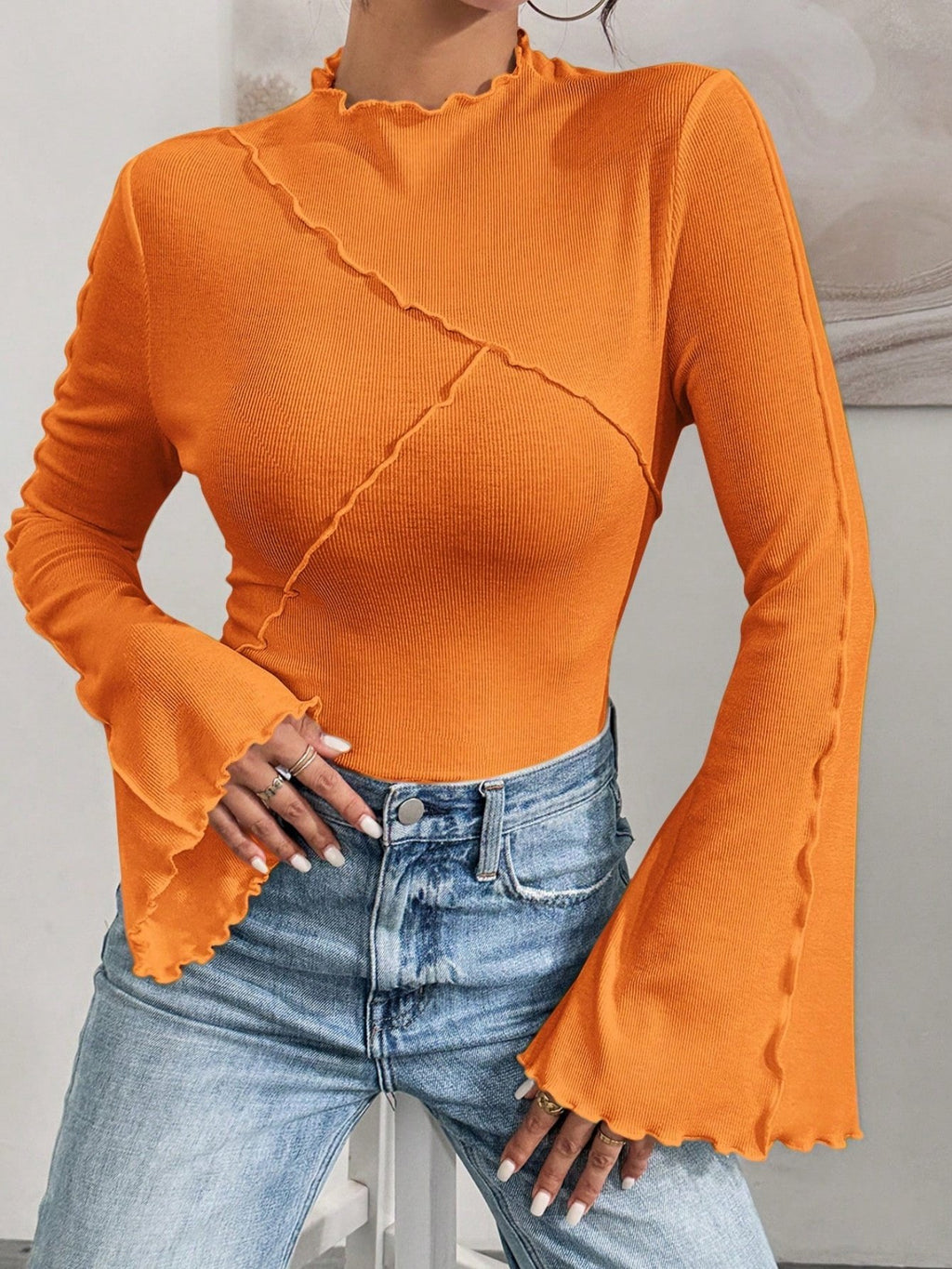 Women's Long Sleeve T-shirt Spring/Fall White Plain Split Joint Mock Neck Bell Sleeve Daily Going Out Casual Top