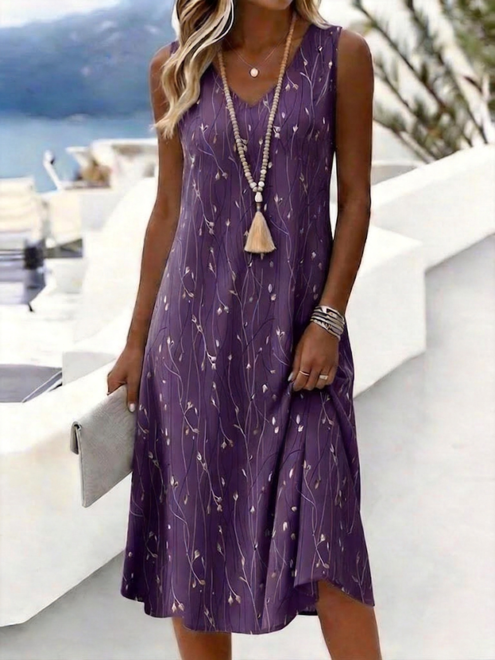 Blue Gray Gold Vine Leaf Print Sleeveless V-Neck Casual Midi Dress