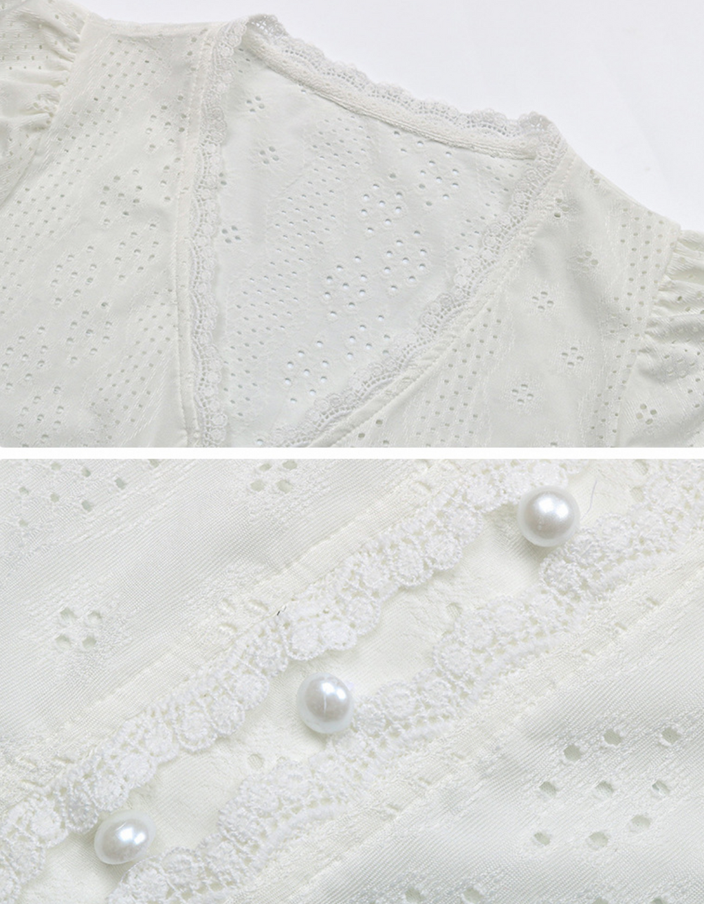 Lace Puff Short Sleeve V Neck Button Rufflr Casual Blouse