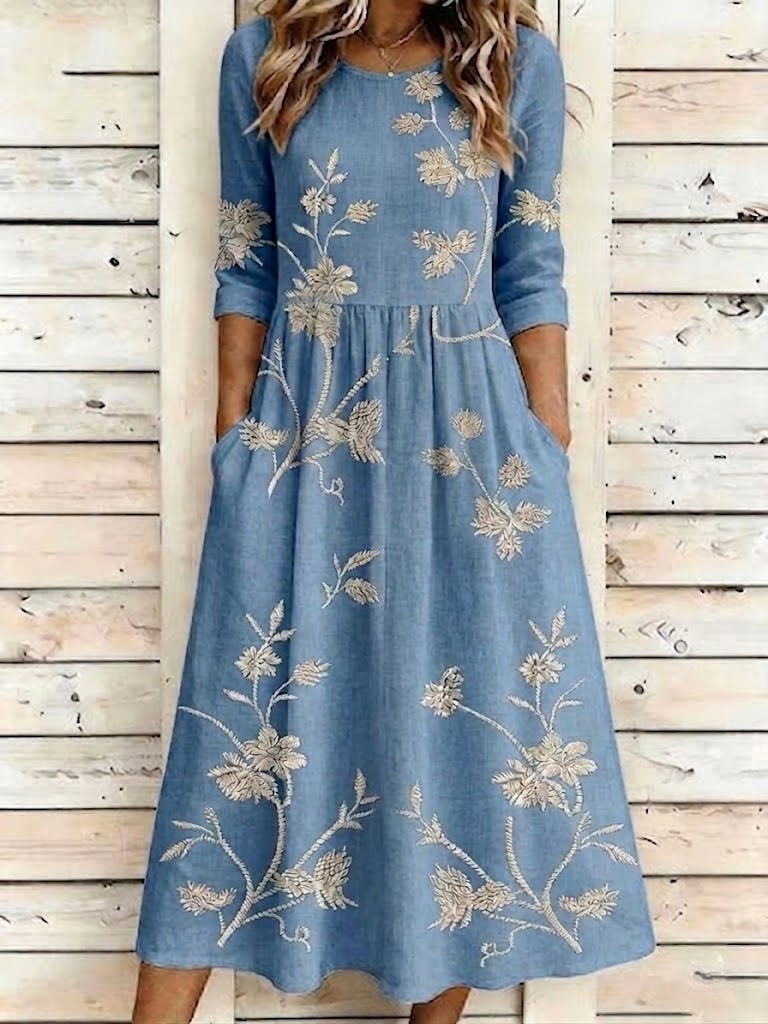 Floral Vintage Crew Neck Printing Dress With No
