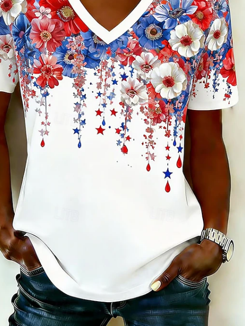 Women's Short Sleeve T-shirt Summer White Independence Day (Flag) Printing V Neck Holiday Going Out Vintage Top