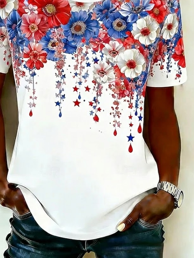 Women's Short Sleeve T-shirt Summer White Independence Day (Flag) Printing Jersey Crew Neck Daily Going Out Casual Top