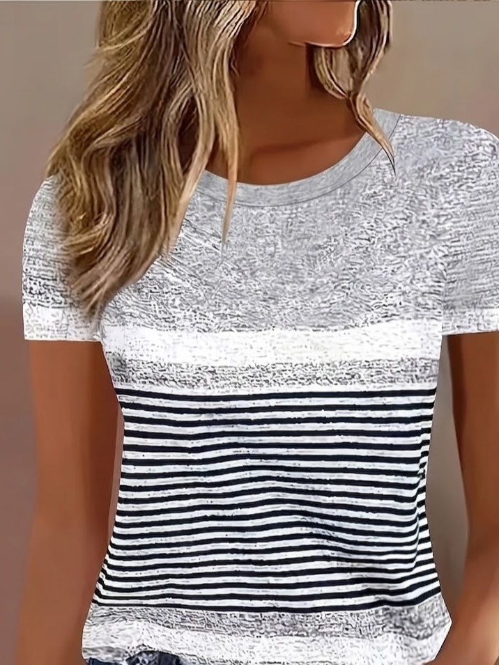 Women's Short Sleeve T-shirt Summer Gray Striped Printing Jersey Crew Neck Daily Going Out Casual Top