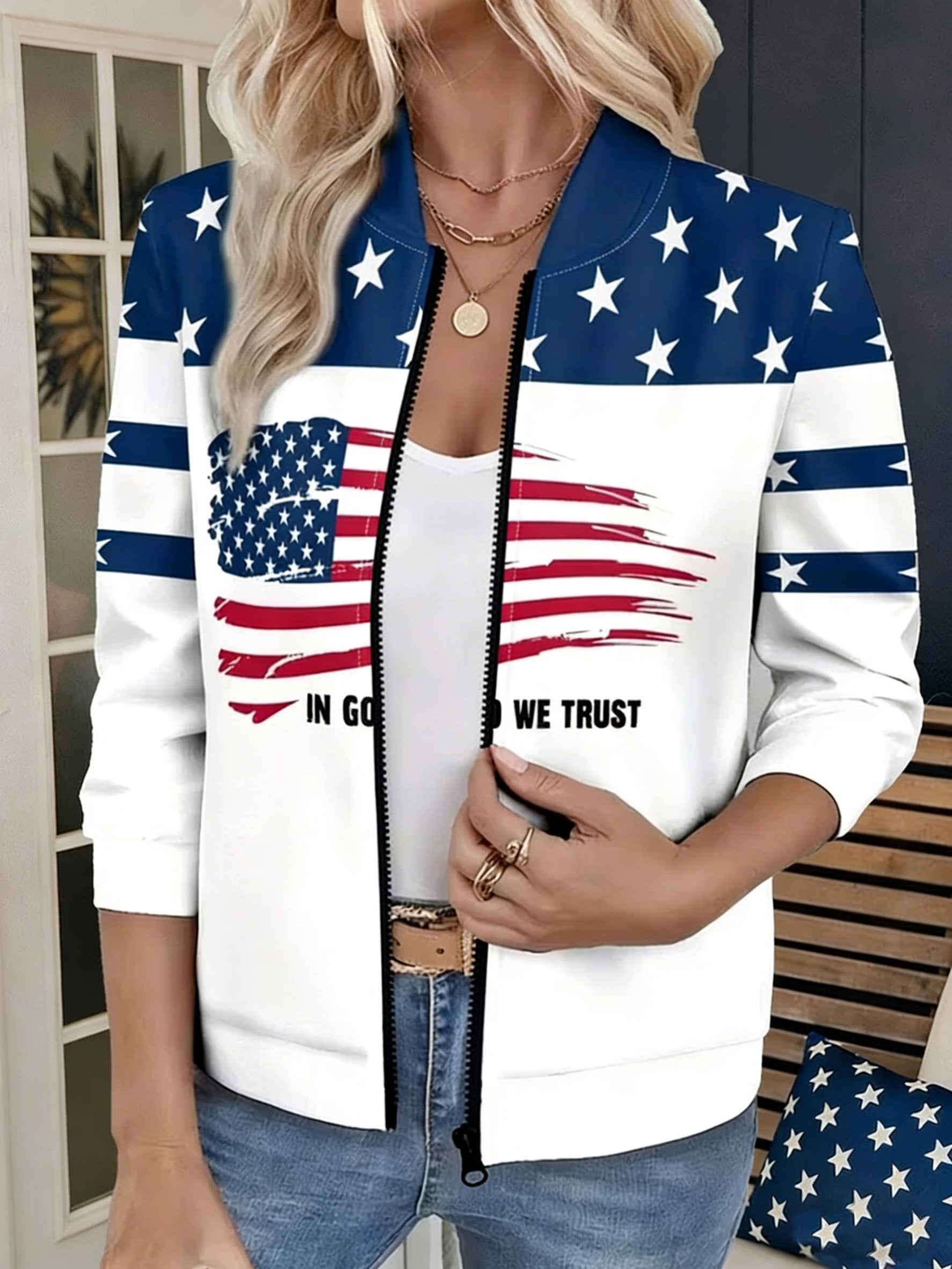 3D Printing America Flag Round Neck Zipper Casual Jacket